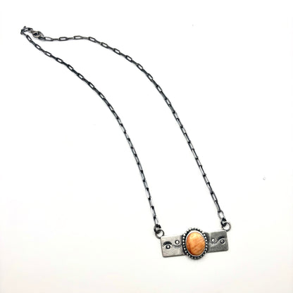 18" Orange Spiny Oyster Stamped Bar Necklace Native Made by Danny Henio