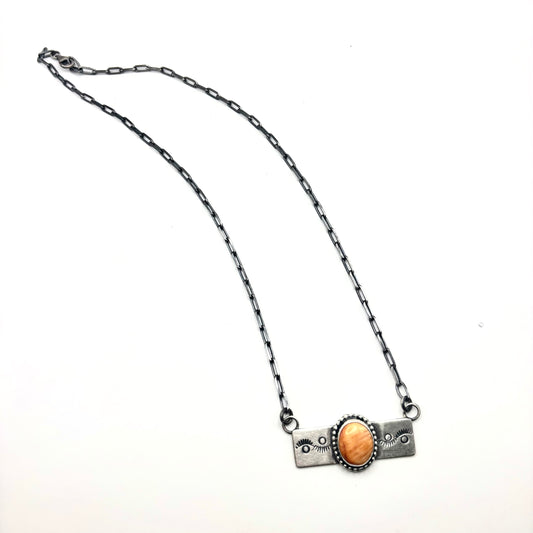 18" Orange Spiny Oyster Stamped Bar Necklace Native Made by Danny Henio