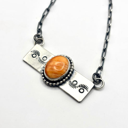 18" Orange Spiny Oyster Stamped Bar Necklace Native Made by Danny Henio