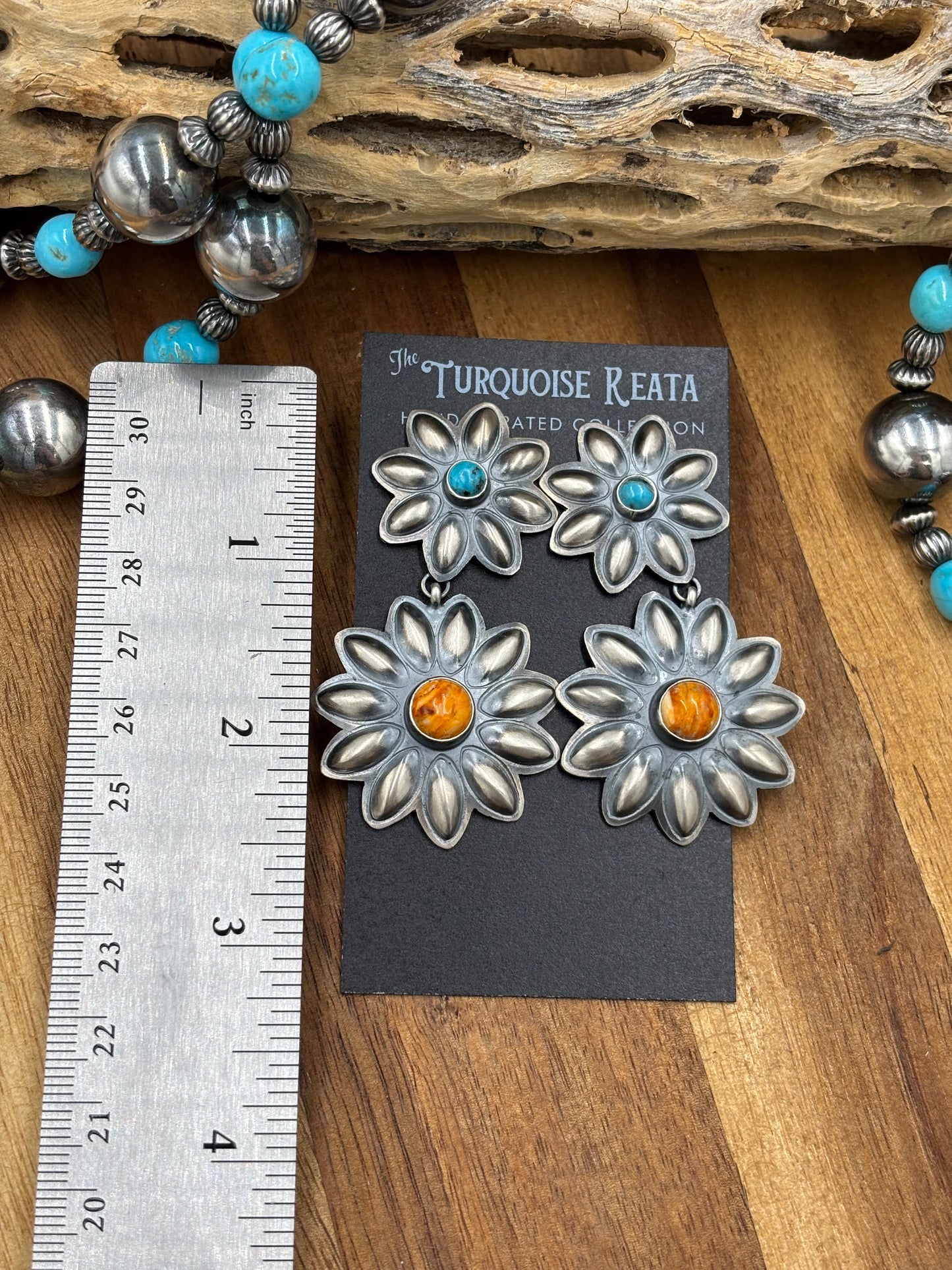 Orange Spiny & Turquoise Flower Concho Earrings by Robert Johnson, Navajo