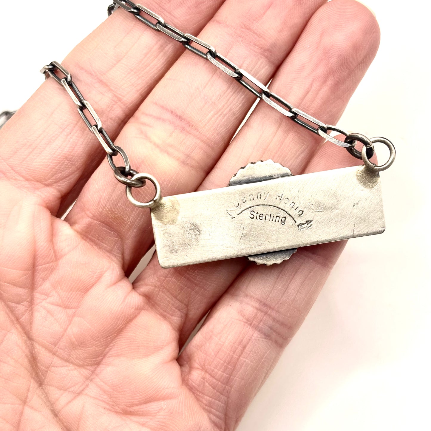 18" Orange Spiny Oyster Stamped Bar Necklace Native Made by Danny Henio