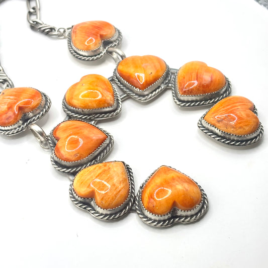 18" Orange Spiny Oyster Heart Necklace by Navajo Artist Gilbert Nez