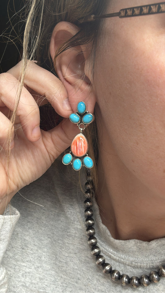 Red Spiny Oyster and Turquoise Sterling Silver Earrings
