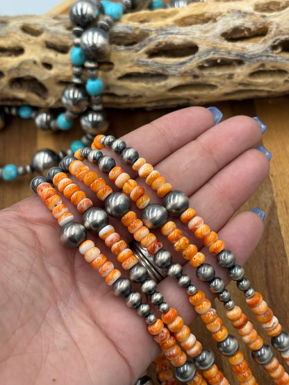 18” Orange Spiny & Sterling Silver Pearl Necklace
