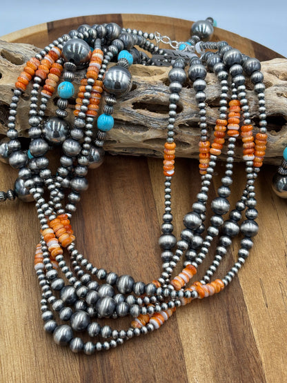 18” Orange Spiny & Sterling Silver Pearl Necklace II