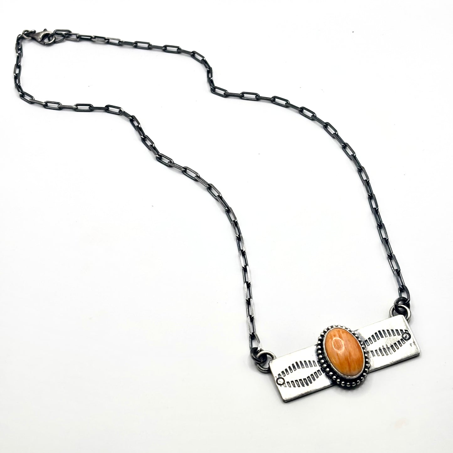 18" Orange Spiny Oyster Stamped Bar Necklace