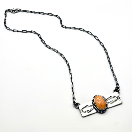 18" Orange Spiny Oyster Stamped Bar Necklace