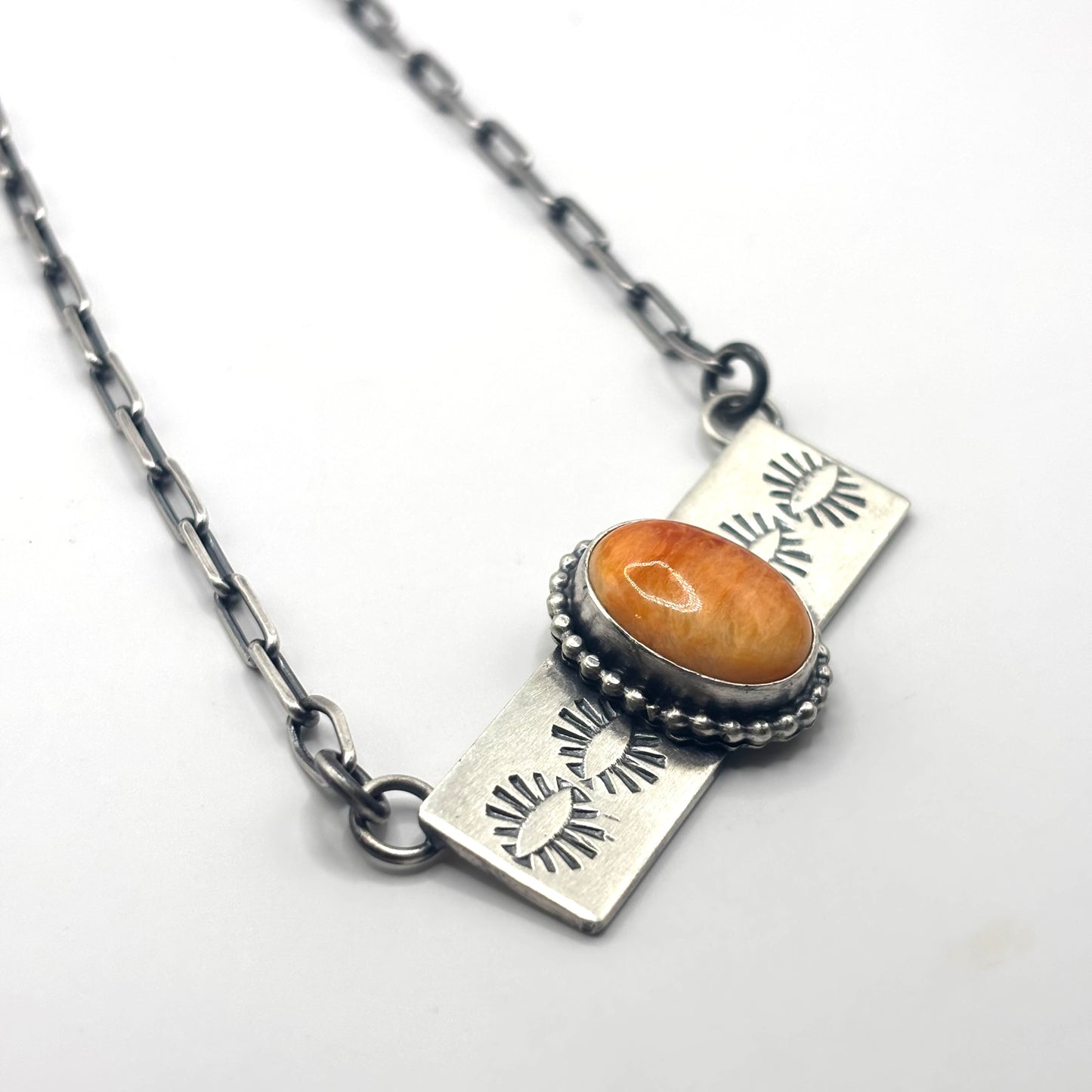 18" Orange Spiny Oyster Stamped Bar Necklace Native Made by Danny Henio