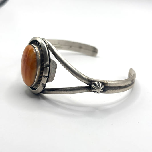 Sterling Silver Cuff Bracelet with Orange Spiny Oyster by Augustine Largo, Navajo
