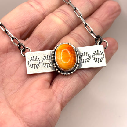 18" Orange Spiny Oyster Stamped Bar Necklace Native Made by Danny Henio