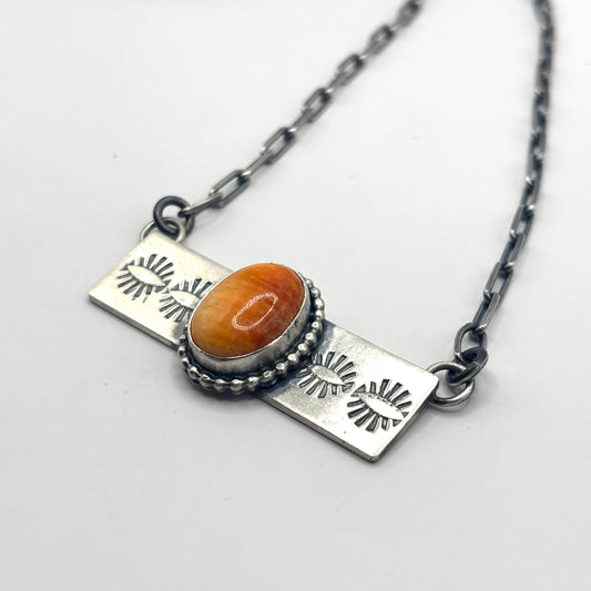 18" Orange Spiny Oyster Stamped Bar Necklace Native Made by Danny Henio