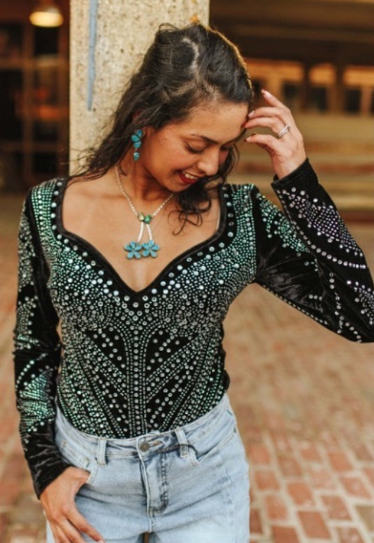 Midnight Mirage Velvet Rhinestone Bodysuit