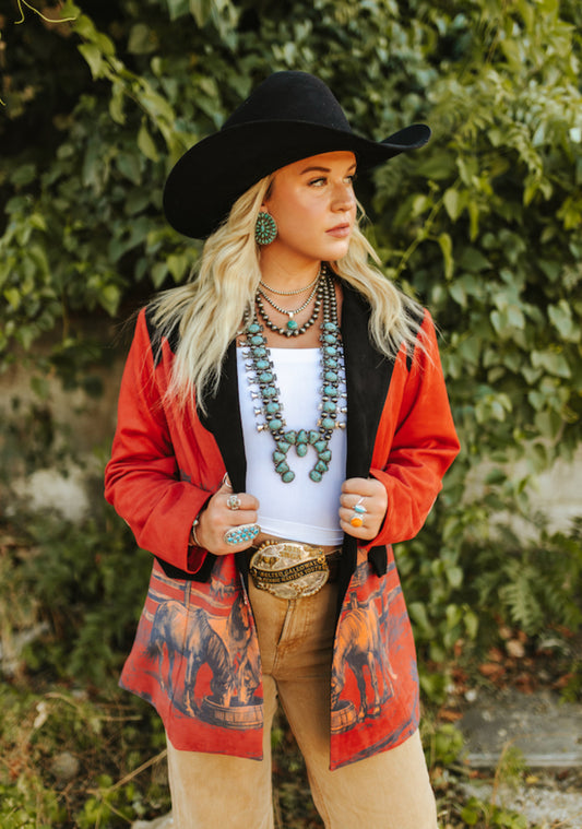 Red Vintage Cowboy Printed Lined Suede Western Blazer