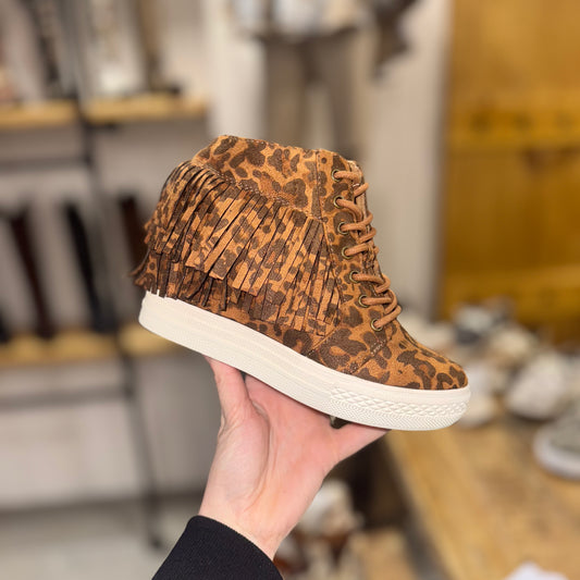 The Stella Nick Fringe Leopard Lace Up Hidden Wedge Sneaker Shoe