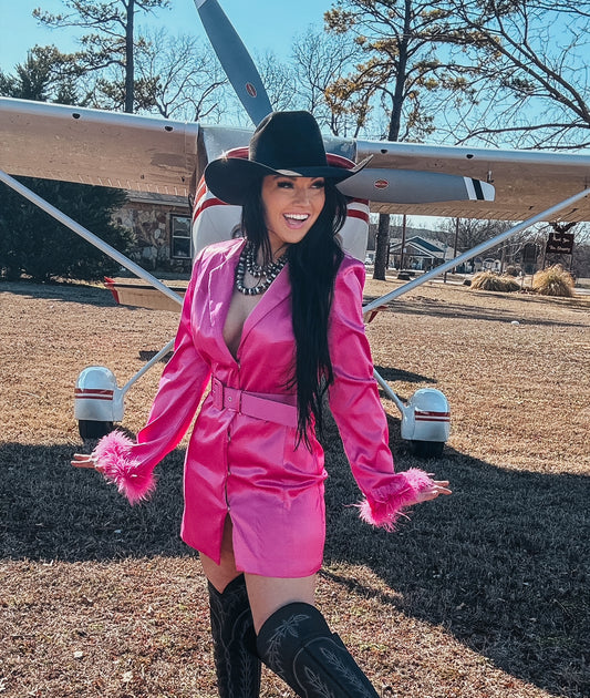 The Elle Fuchsia Pink Feathered Blazer Dress
