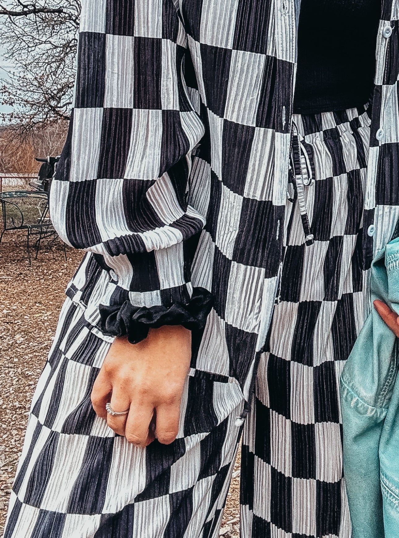The Danika Plisse Pleated Checker Print Button Up Shirt Pants Set