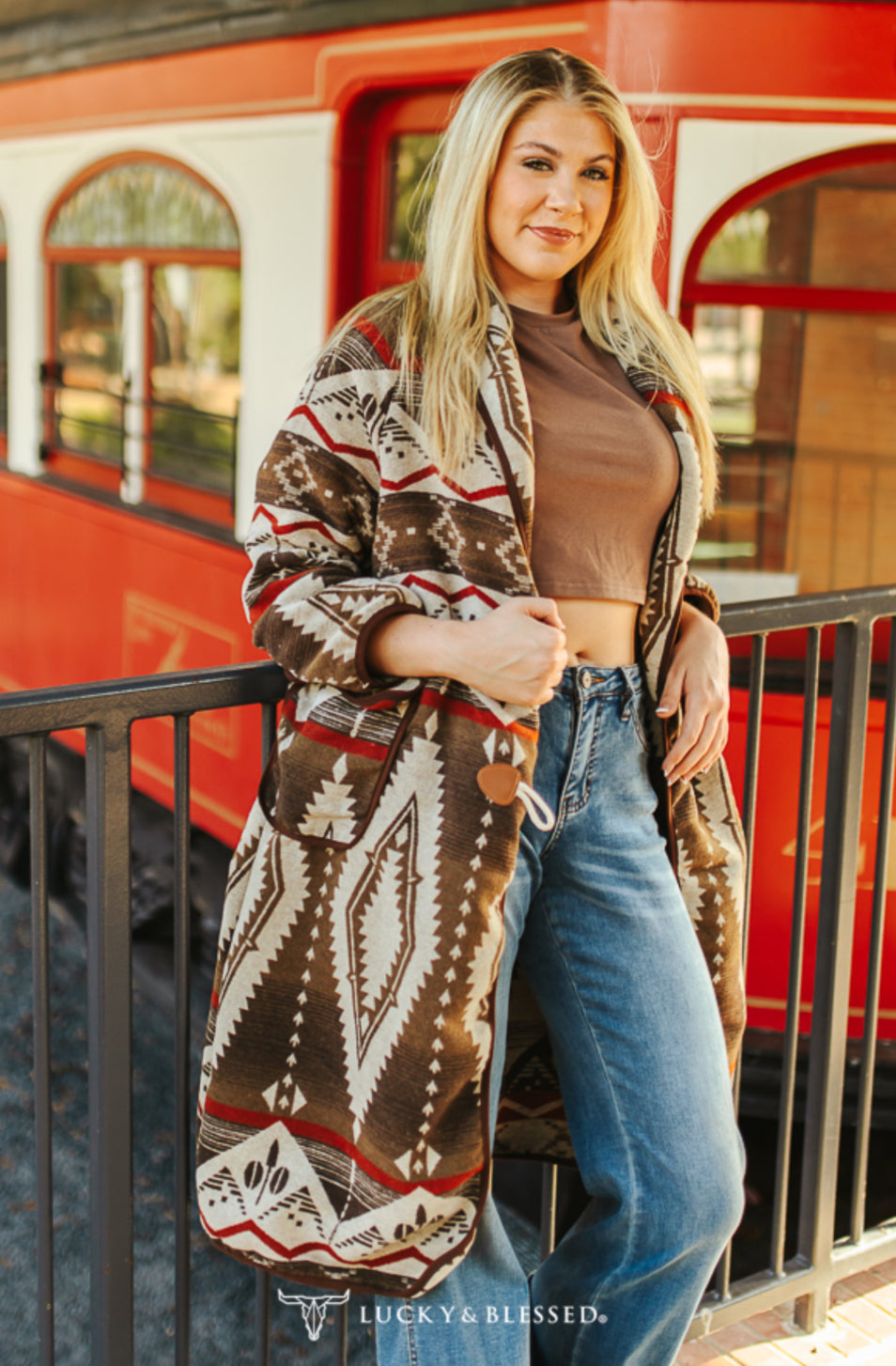 The Monica Mocha Aztec Long Coat