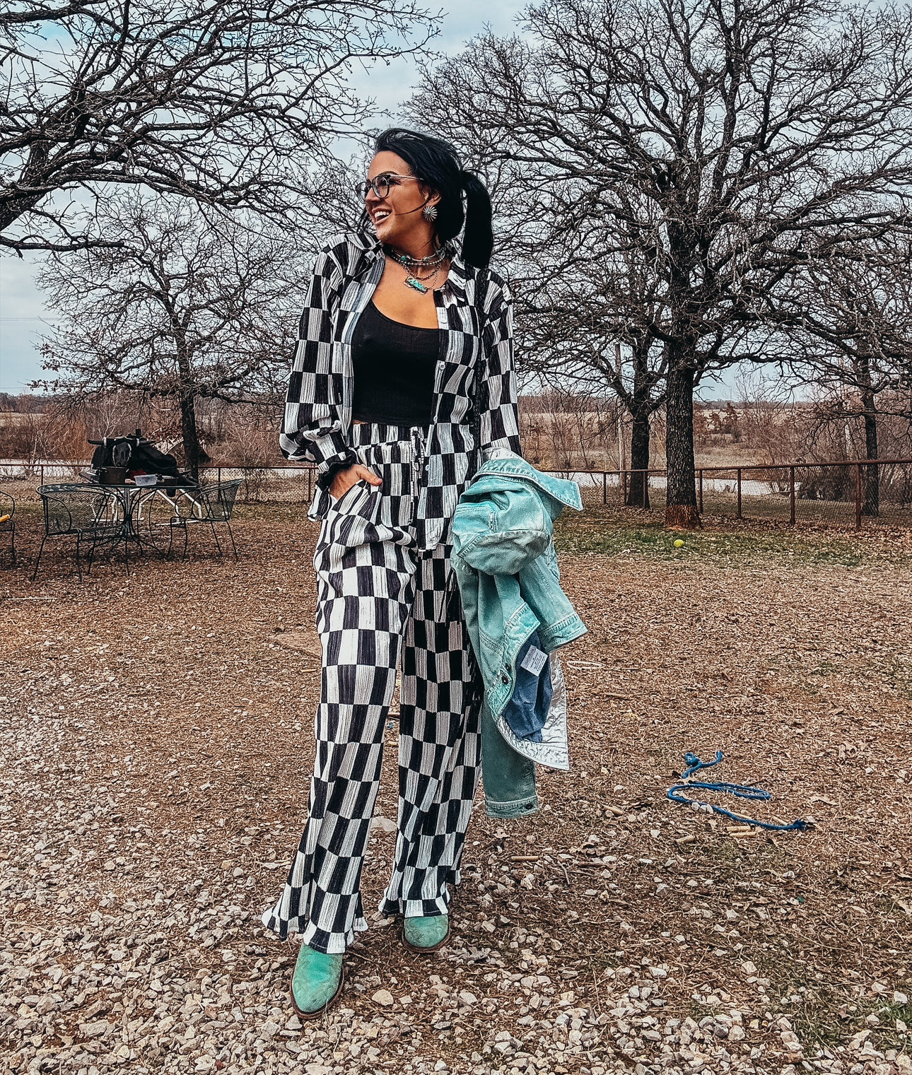 The Danika Plisse Pleated Checker Print Button Up Shirt Pants Set