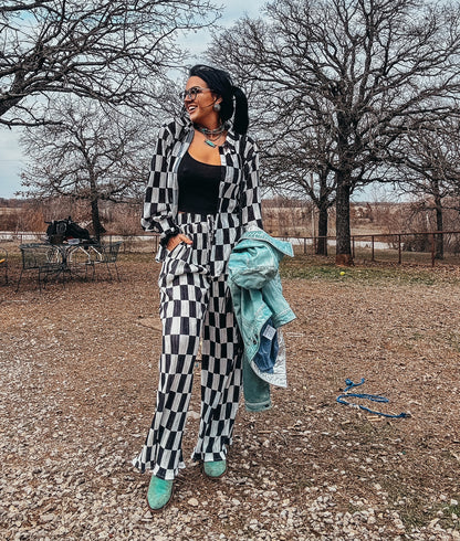 The Danika Plisse Pleated Checker Print Button Up Shirt Pants Set