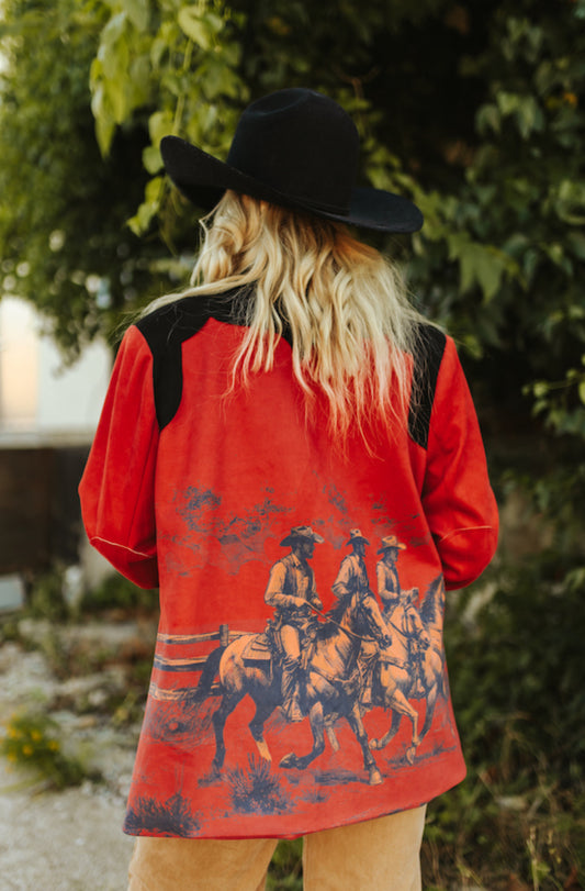 Red Vintage Cowboy Printed Lined Suede Western Blazer