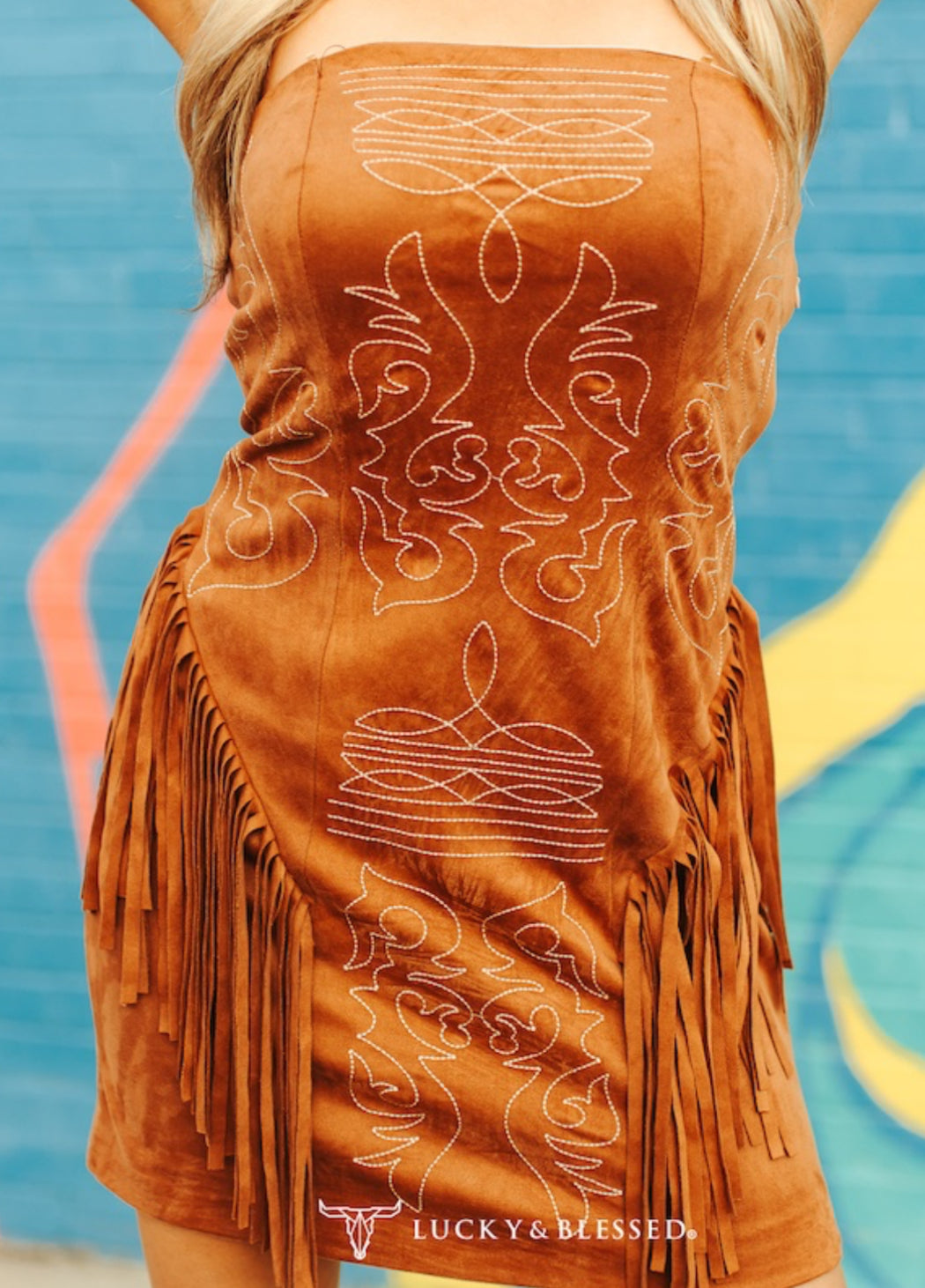 The Carly Camel Suede Boot Stitch Embroidered Strapless Fringe Dress