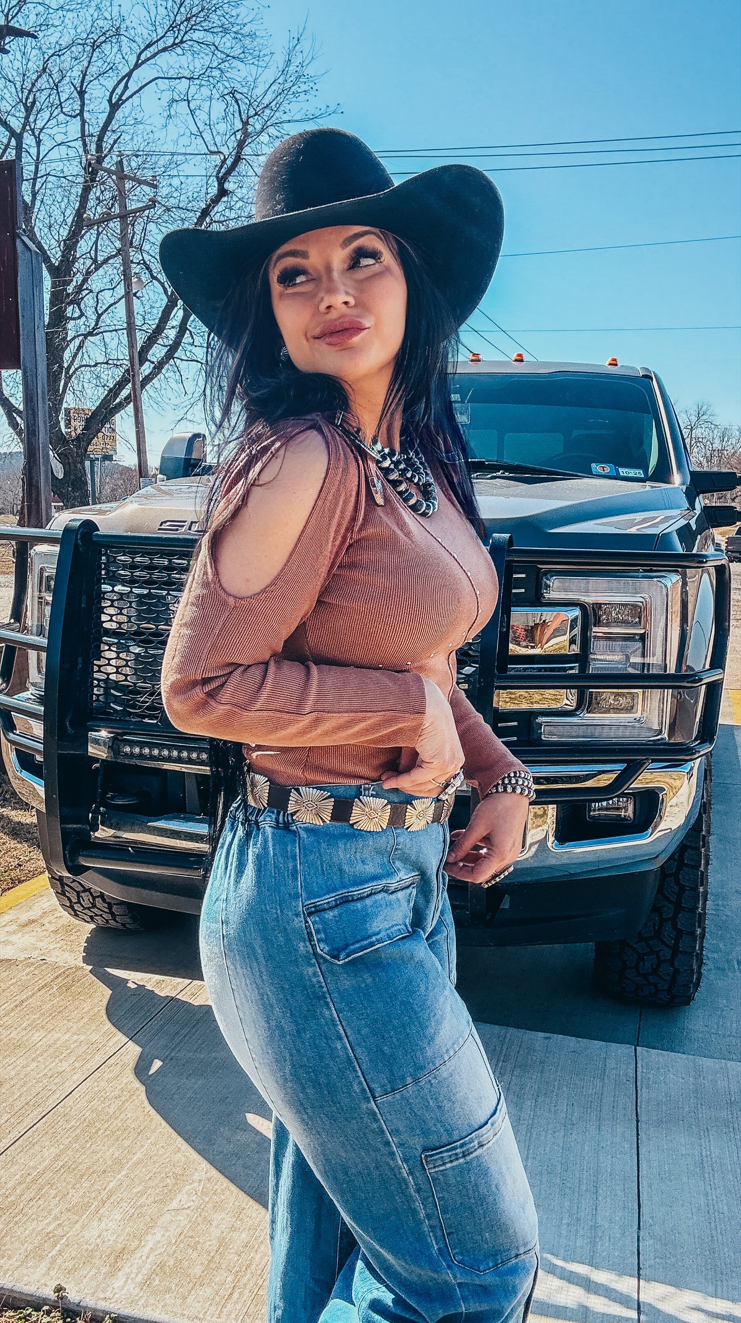 The Stacy Studded Western Buckle Cold Shoulder Bodysuit