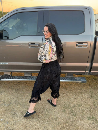 Sylvia Lace Floral Flocked Lantern Bloomer Pants: Black