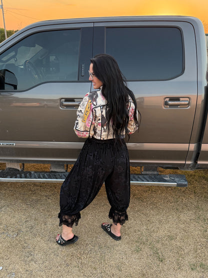 Sylvia Lace Floral Flocked Lantern Bloomer Pants: Black