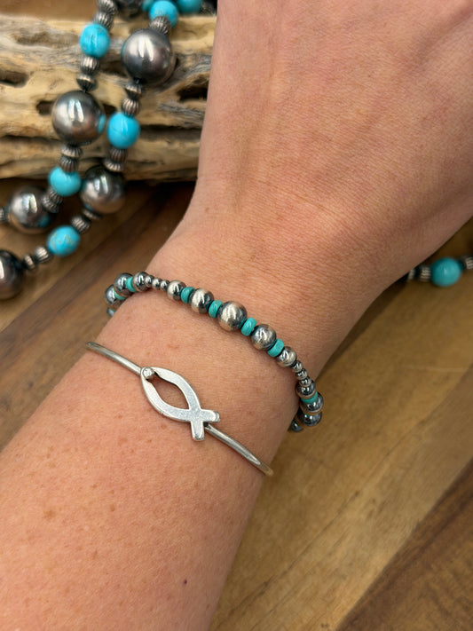 3-6mm & Turquoise #92-22 Sterling Silver Pearl Stretchy Bracelet