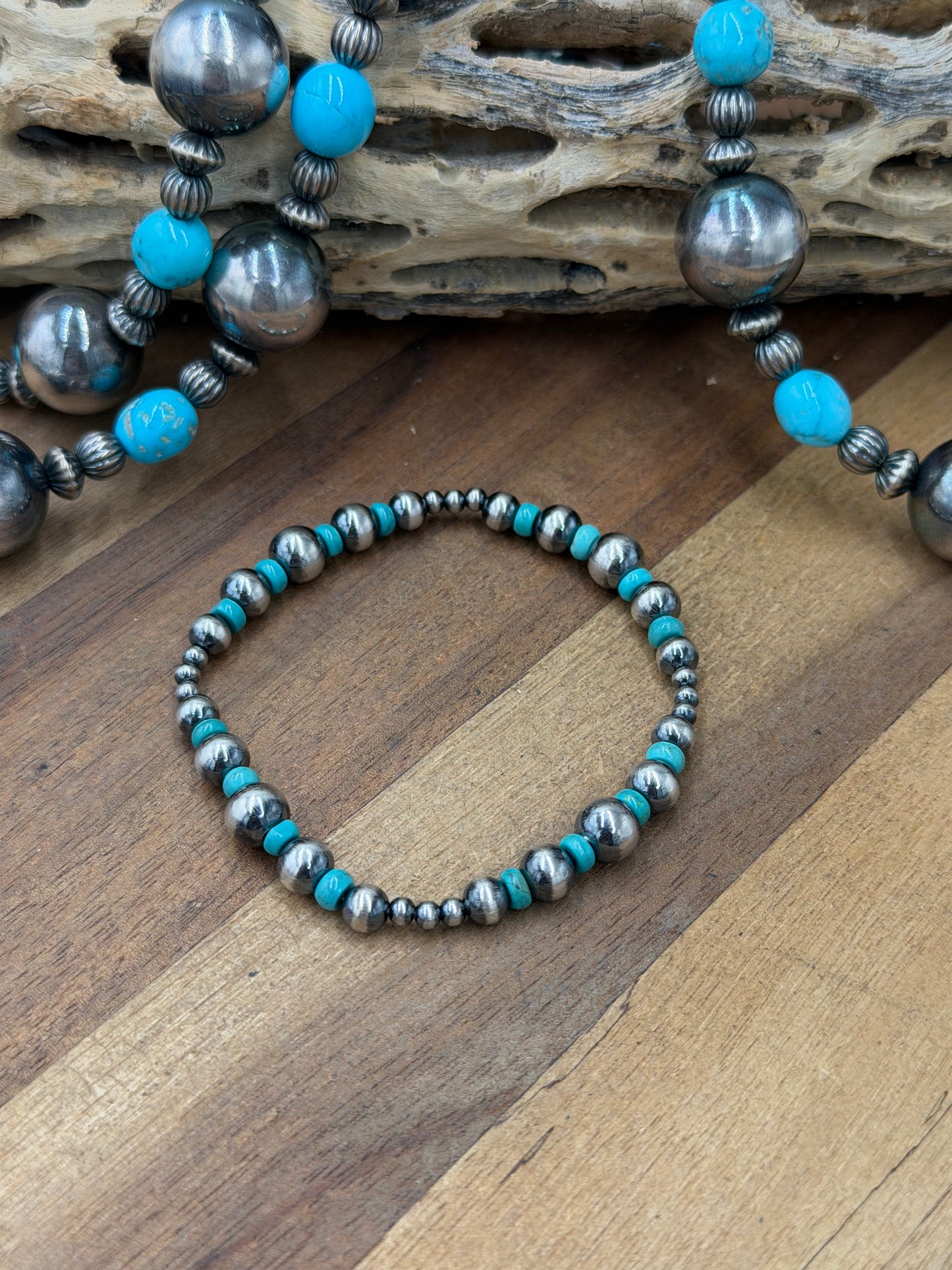 3-6mm & Turquoise #92-22 Sterling Silver Pearl Stretchy Bracelet