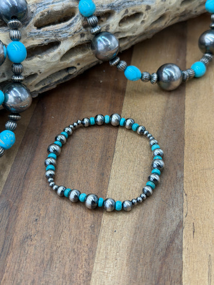 3-6mm & Turquoise #92-22 Sterling Silver Pearl Stretchy Bracelet