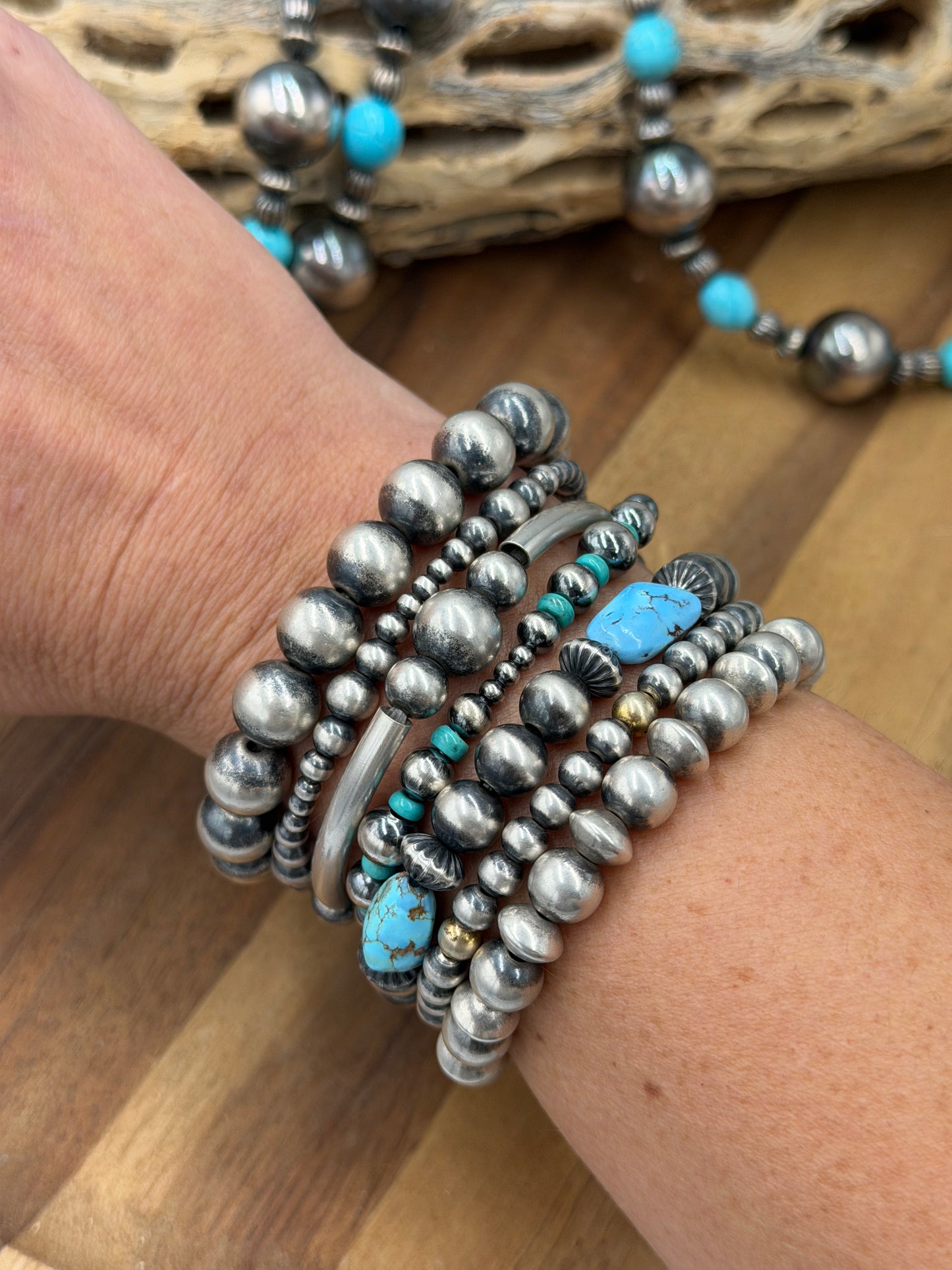 3-6mm & Turquoise #92-22 Sterling Silver Pearl Stretchy Bracelet