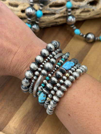 3-6mm & Turquoise #92-22 Sterling Silver Pearl Stretchy Bracelet