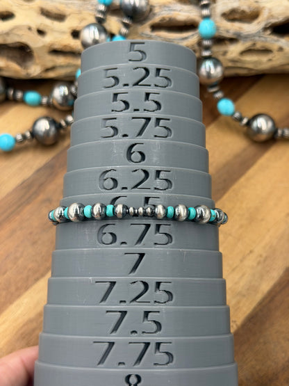 3-6mm & Turquoise #92-22 Sterling Silver Pearl Stretchy Bracelet