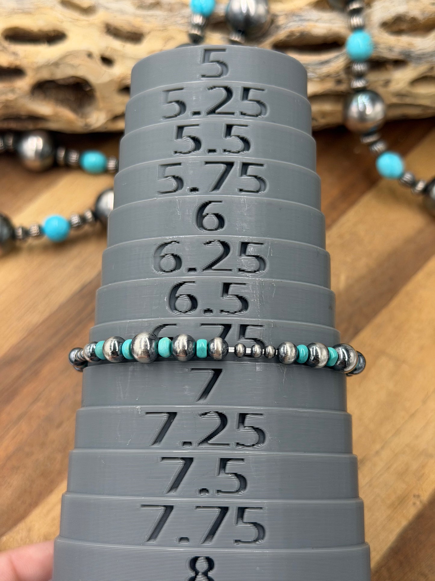 3-6mm & Turquoise #92-22 Sterling Silver Pearl Stretchy Bracelet