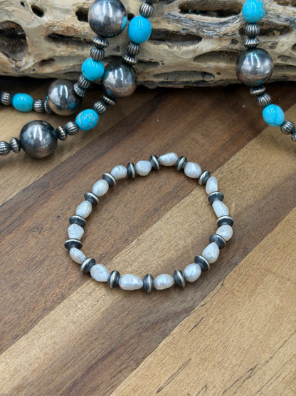 7mm & Freshwater Pearl #92-23 Saucer Sterling Silver Pearl Stretchy Bracelet