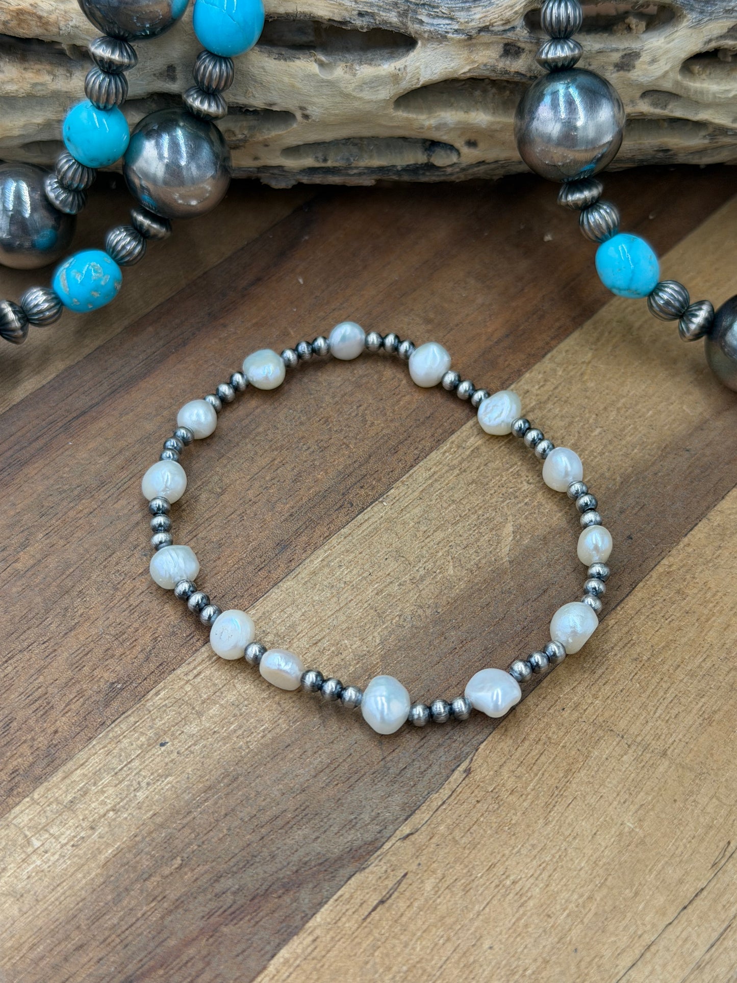 3mm & Freshwater Pearl #92-24 Saucer Sterling Silver Pearl Stretchy Bracelet