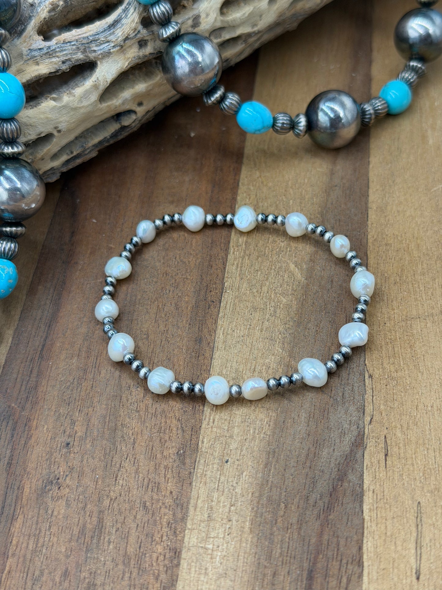3mm & Freshwater Pearl #92-24 Saucer Sterling Silver Pearl Stretchy Bracelet