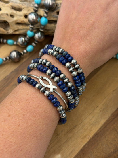 6-7mm & Lapis #92-26 Sterling Silver Pearl Stretchy Bracelet