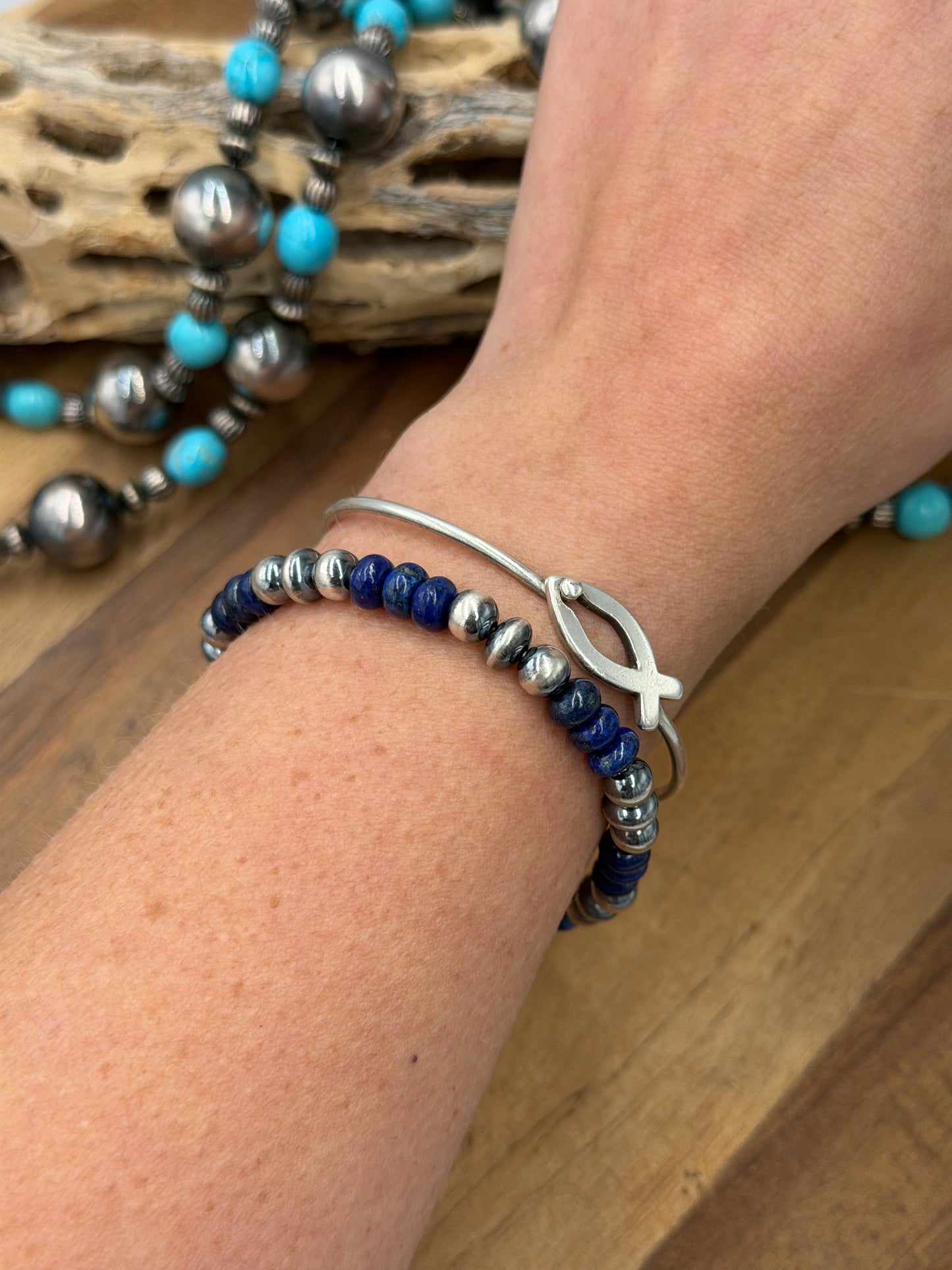 6-7mm & Lapis #92-26 Sterling Silver Pearl Stretchy Bracelet