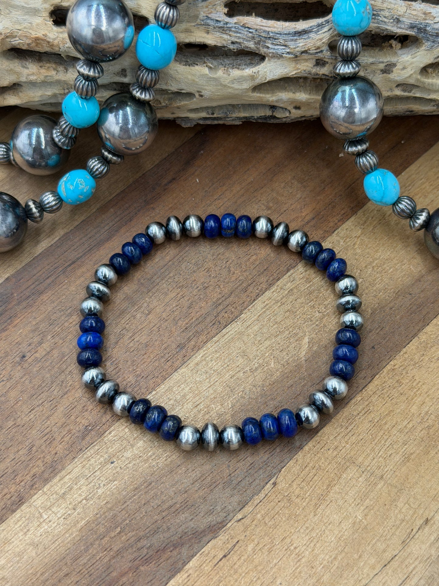 6-7mm & Lapis #92-26 Sterling Silver Pearl Stretchy Bracelet