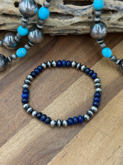 6-7mm & Lapis #92-26 Sterling Silver Pearl Stretchy Bracelet