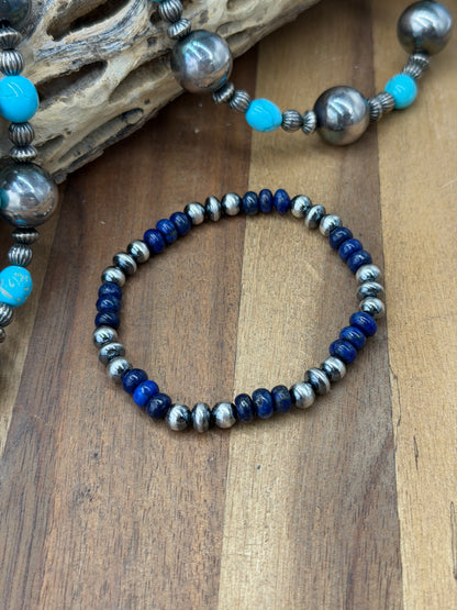 6-7mm & Lapis #92-26 Sterling Silver Pearl Stretchy Bracelet