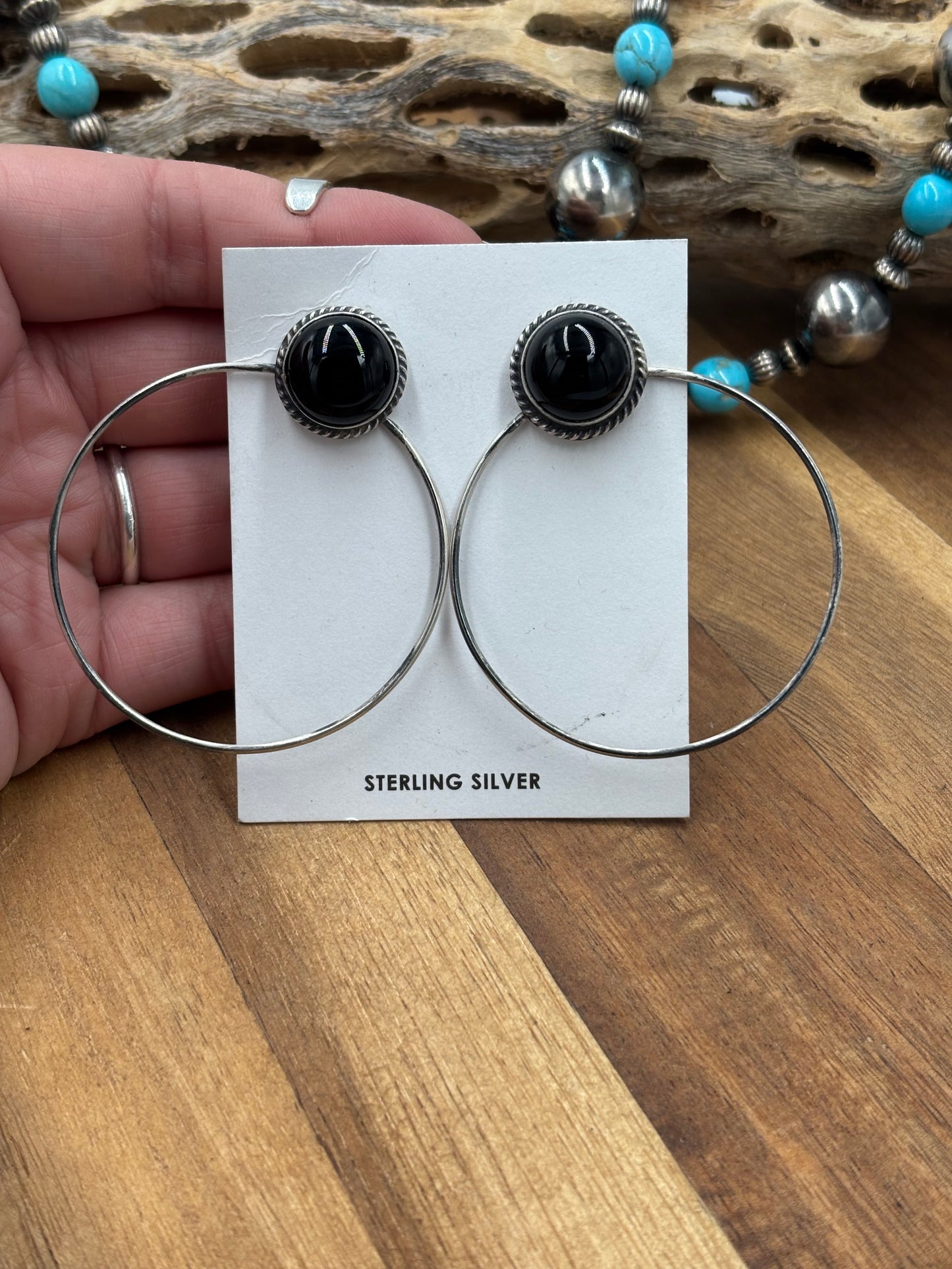 Black Onyx Hoop Earrings by Elouise Kee, Navajo