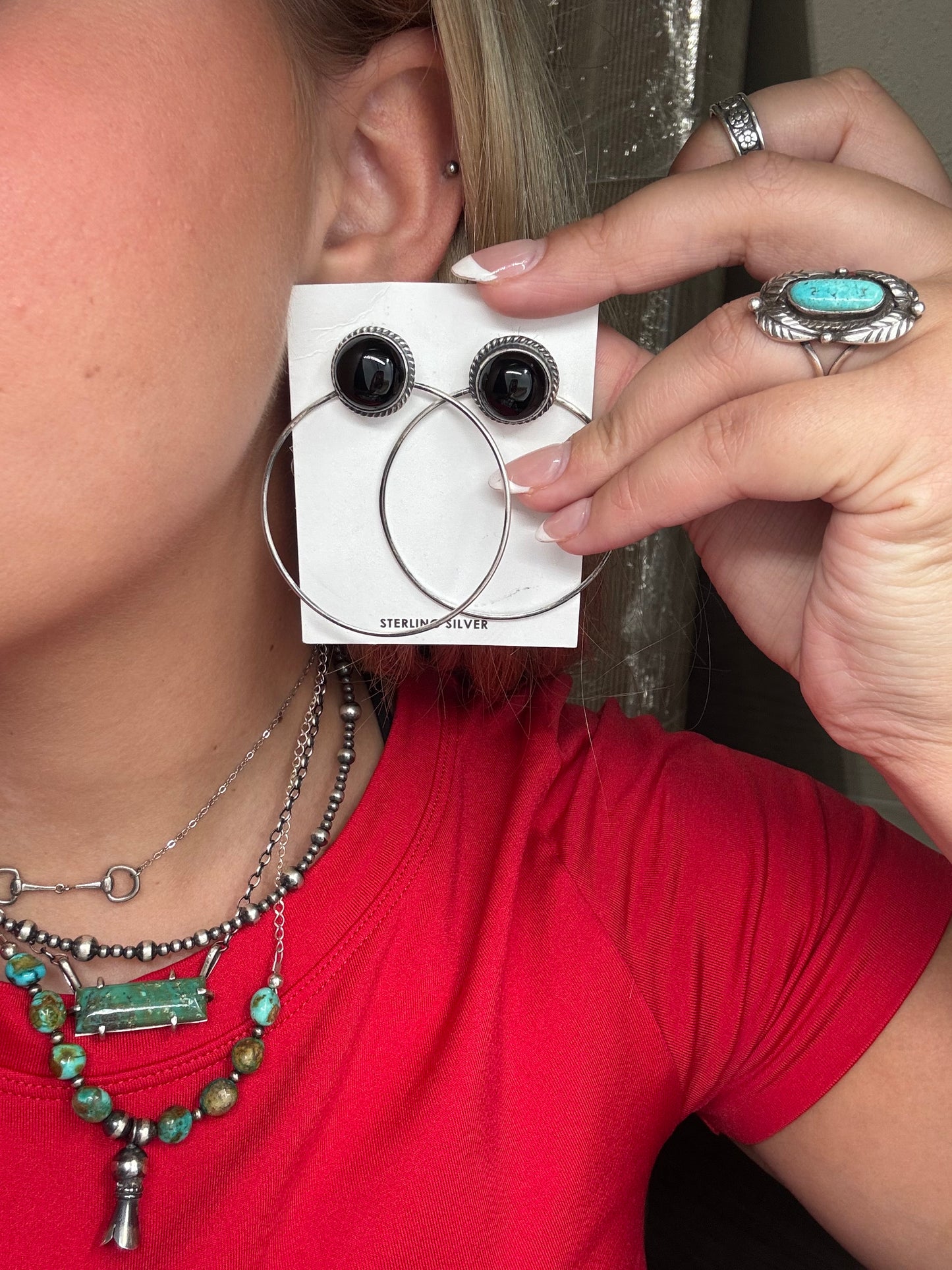 Black Onyx Hoop Earrings by Elouise Kee, Navajo