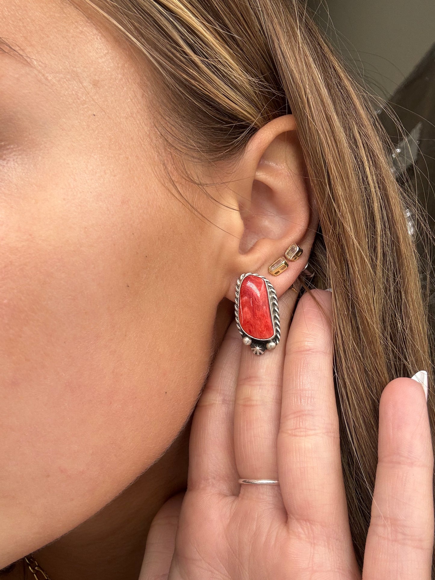 Red Spiny #826-7D Earrings by Chassity Belone, Navajo