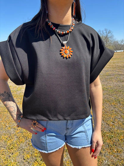 The Raegn Black Scuba Fold Wide Sleeve Top