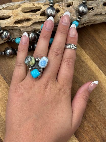 Palomino, Golden Hills, & Turquoise Multi Stone Adjustable Ring by Gilbert Nez, Navajo