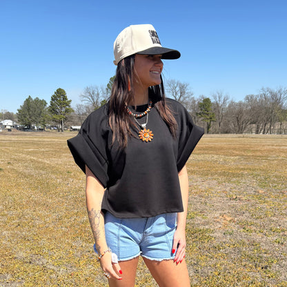 The Raegn Black Scuba Fold Wide Sleeve Top