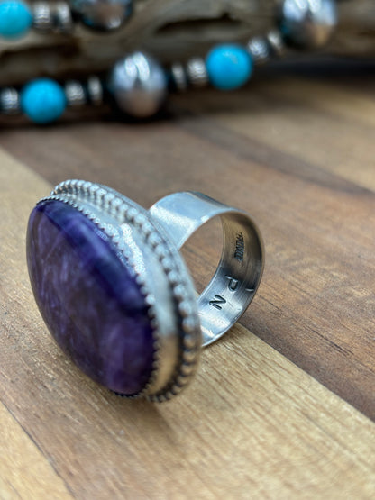 Charoite Size 8 Ring by Philbert Nez, Navajo #725-2